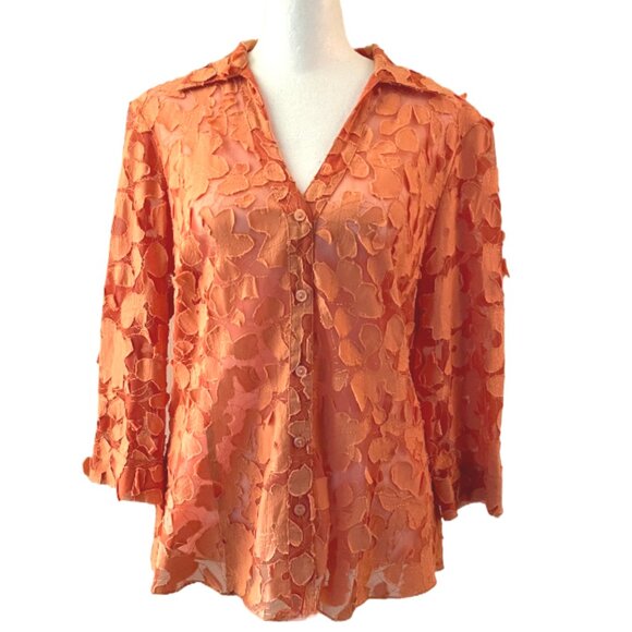 Multiples Tangerine Brocade Button Up Sheer Top 3D Applique Flowers Size Medium - Picture 2 of 9